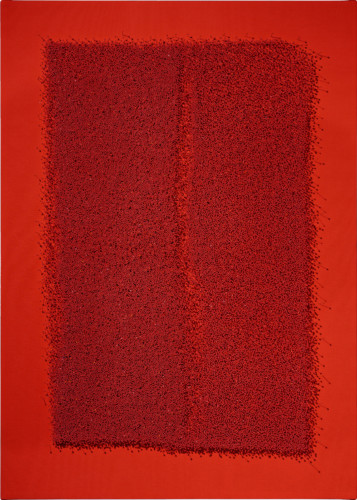 P508 - 2021 - Glass and plastics head pins, fabrics on canvas  - 140 x 100 cm