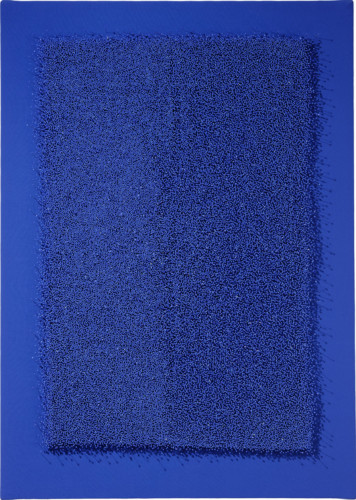 P507 - 2021 - Glass head pins,fabrics  on  canvas - 100 x 70 cm