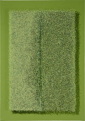 P506 - 2021 - Glass head pins, fabrics on canvas - 100 x 70 cm