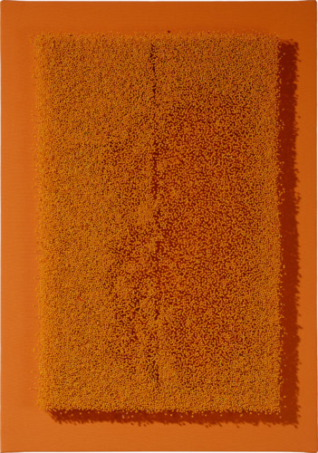 P504 - 2021 - Glass head pins, fabrics on canvas  - 100 x 70 cm