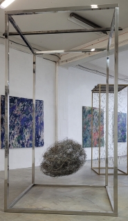 001 "Untitled" 2015 | Steel, Plexiglass pipes, glass head pins | 100 x 75 x 75 cm